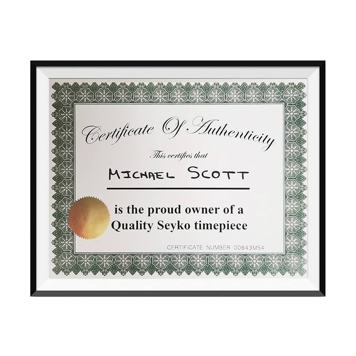 Michael Scott Quality Seyko Timepiece Certificate Of Authenticity The  Office TV Prop - Coopers Seafood House