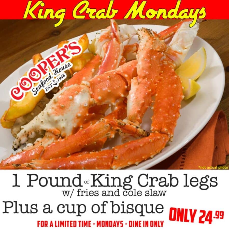 Mondays at Cooper’s 🗓 For a Limited Time…
👑🦀 1 lb Alaskan…