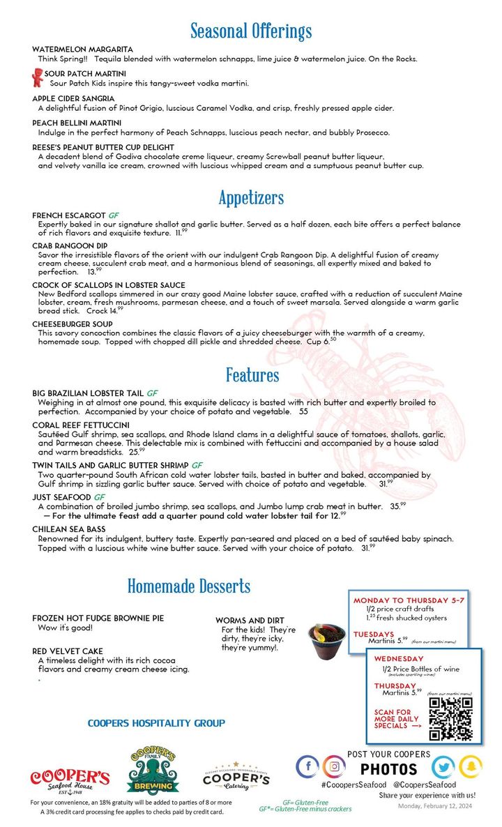 New Features start today at Cooper’s Seafood House! Come…