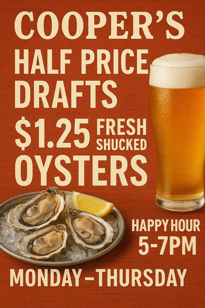 Happy Hour at Cooper’s!

Half-price drafts and $1.25 fre…