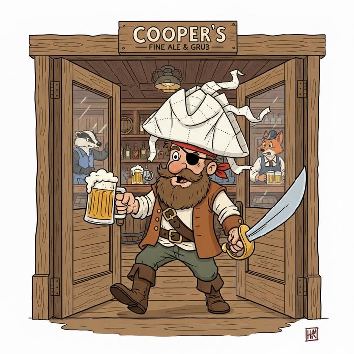A pirate walks into Cooper’s wearing a paper towel hat. T…