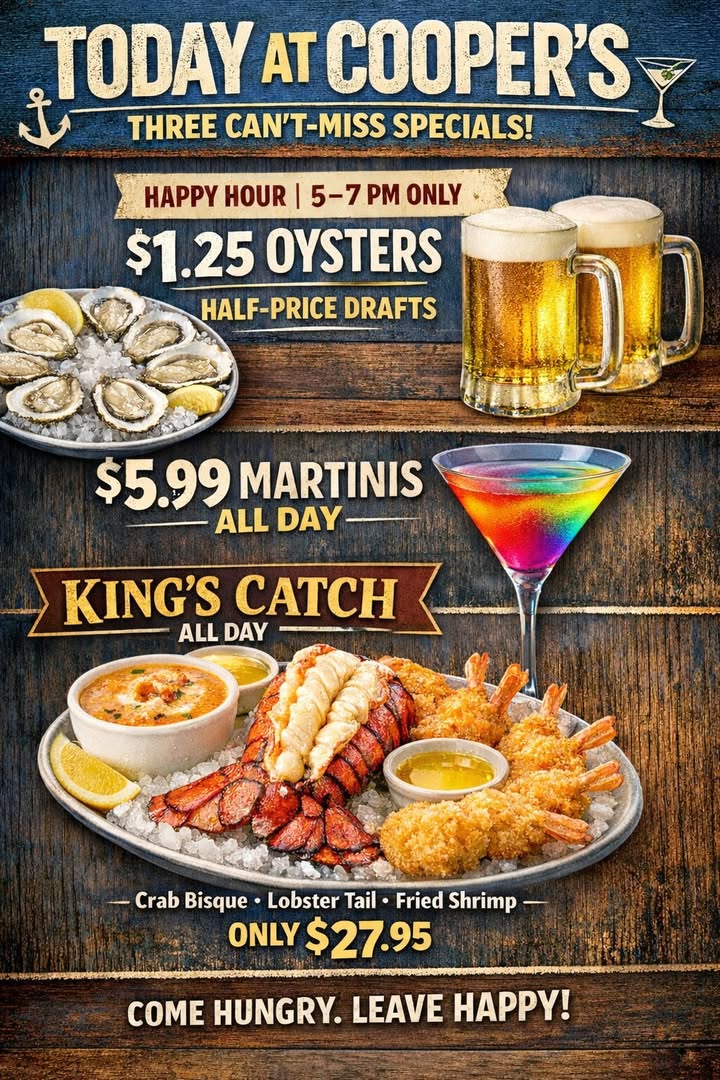 TUESDAYS AT COOPER’S — THREE CAN’T-MISS SPECIALS! 

⏰ Hap…