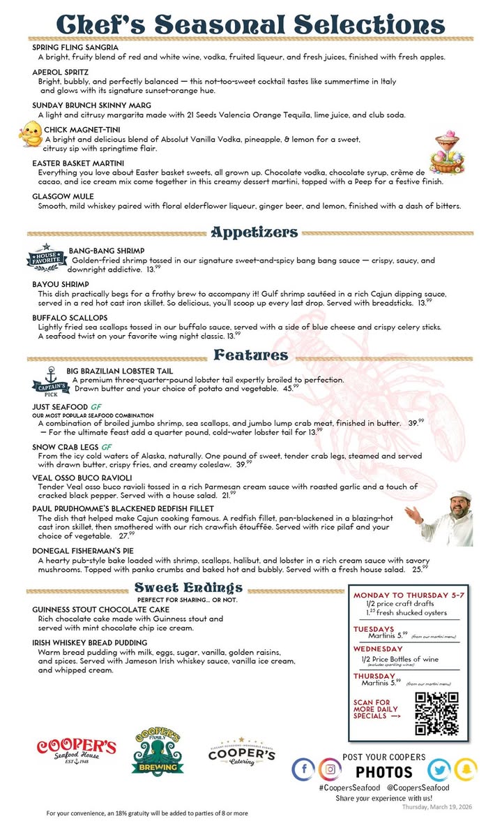 Spring specials are here at Cooper’s Seafood House!
We’…